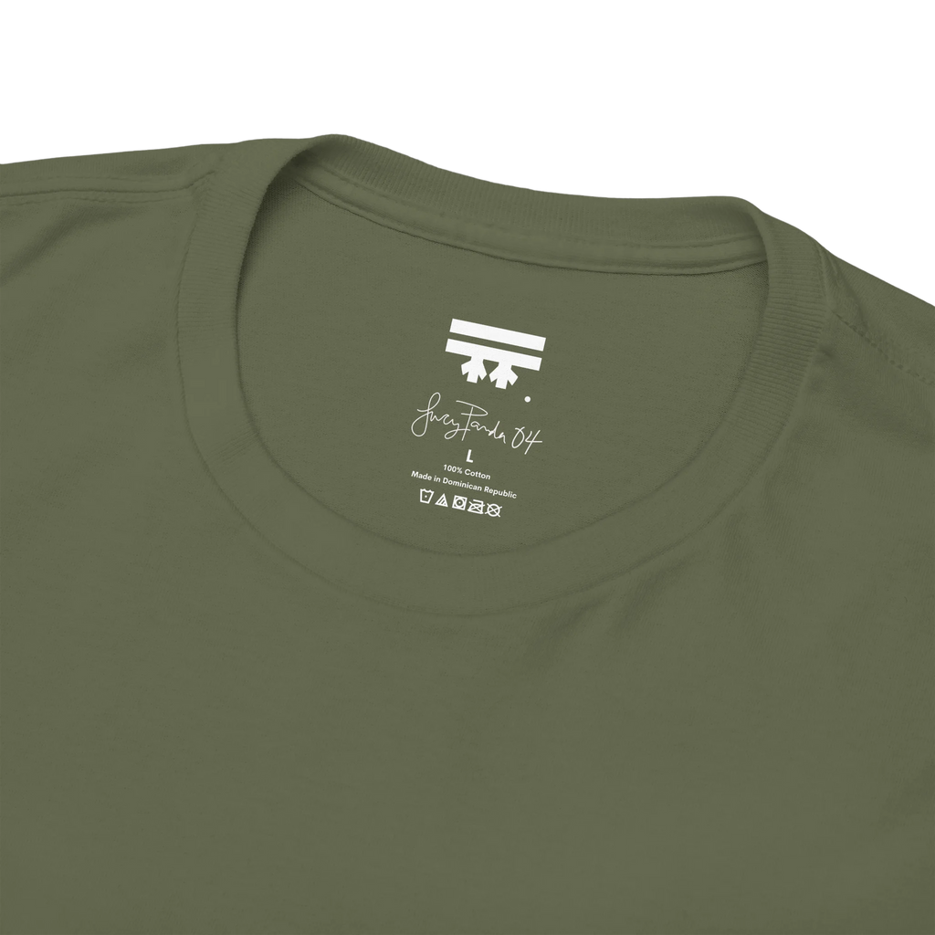 Military Green, Lucy Panda 04 graphic tee inner neck label, FREEBRD signature logo. 