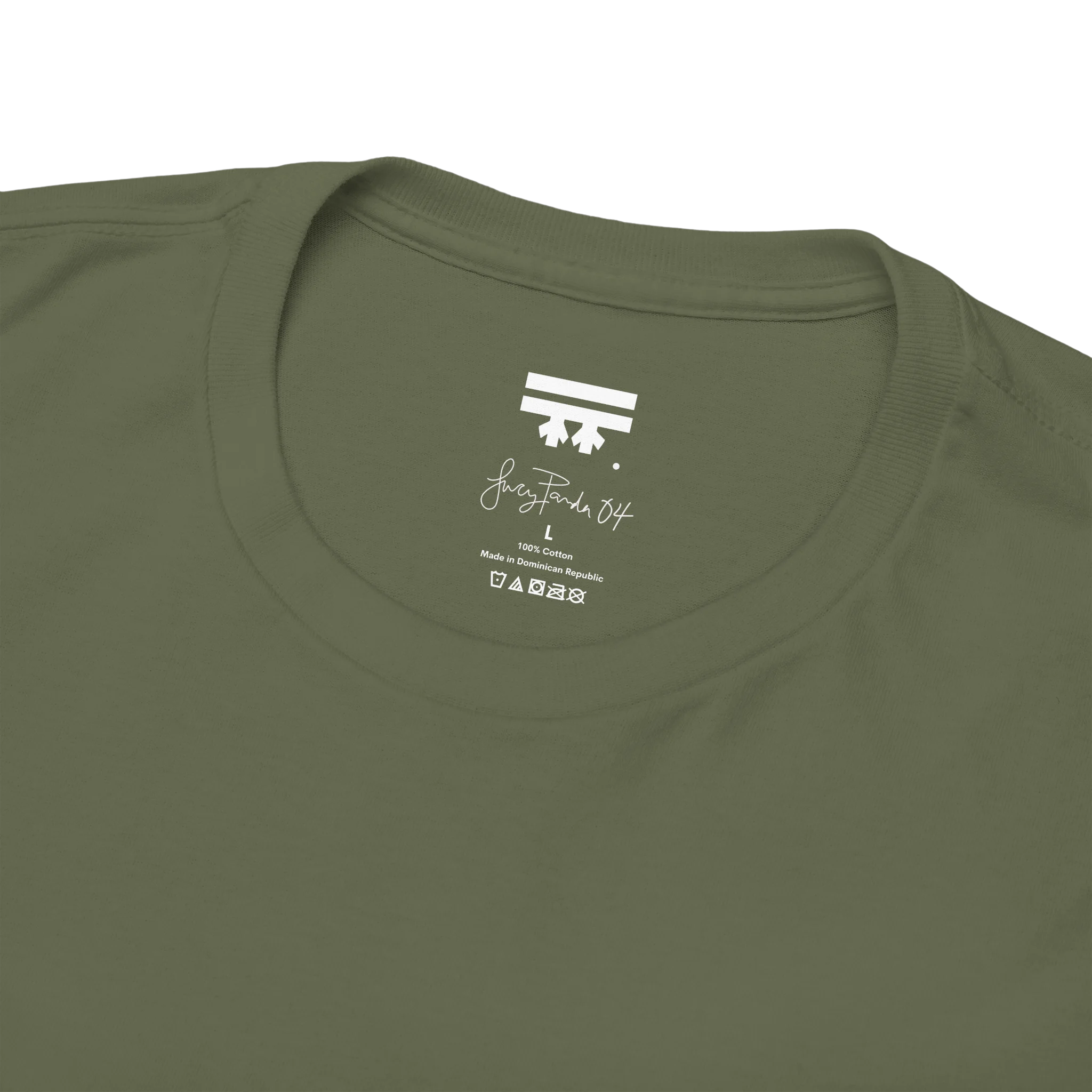 Military Green, Lucy Panda 04 graphic tee inner neck label, FREEBRD signature logo. 