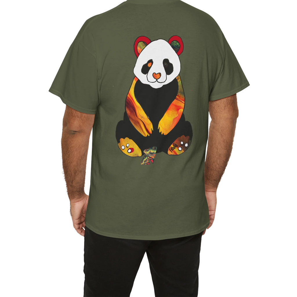 "Lucy Panda" 04 Edition Graphic Tee by FREEBRD — military green lifestyle back, vibrant abstract panda artwork by FREEBRD, relaxed fit on model.