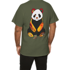 "Lucy Panda" 04 Edition Graphic Tee by FREEBRD — military green lifestyle back, vibrant abstract panda artwork by FREEBRD, relaxed fit on model.