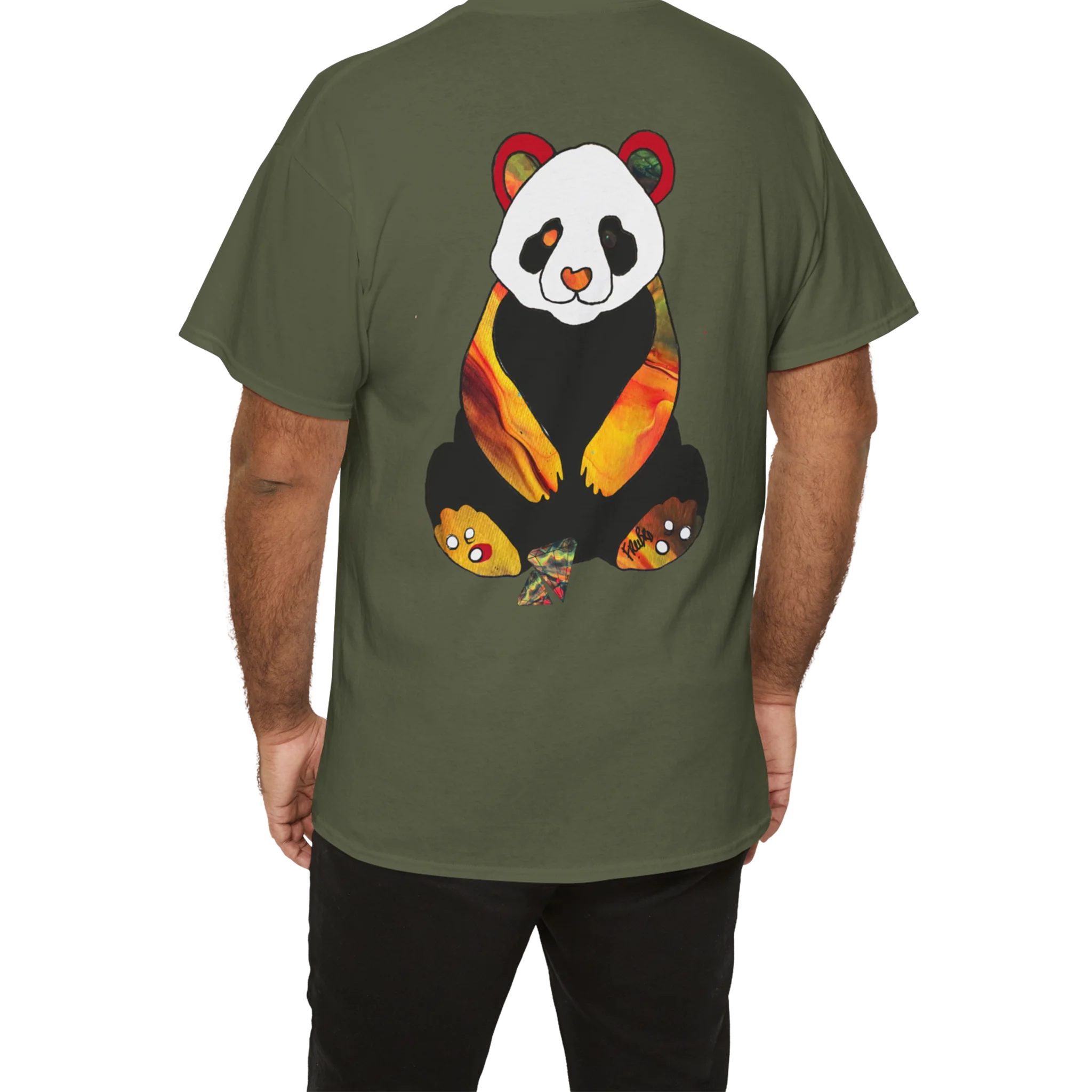"Lucy Panda" 04 Edition Graphic Tee by FREEBRD — military green lifestyle back, vibrant abstract panda artwork by FREEBRD, relaxed fit on model.