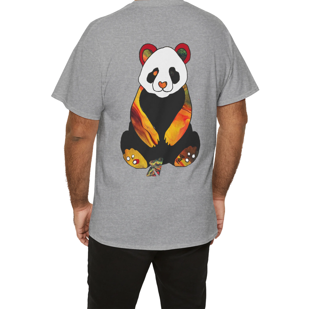 "Lucy Panda" 04 Edition Graphic Tee by FREEBRD — sport grey lifestyle back, vibrant abstract panda artwork by FREEBRD, relaxed fit on model.