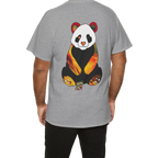 "Lucy Panda" 04 Edition Graphic Tee by FREEBRD — sport grey lifestyle back, vibrant abstract panda artwork by FREEBRD, relaxed fit on model.