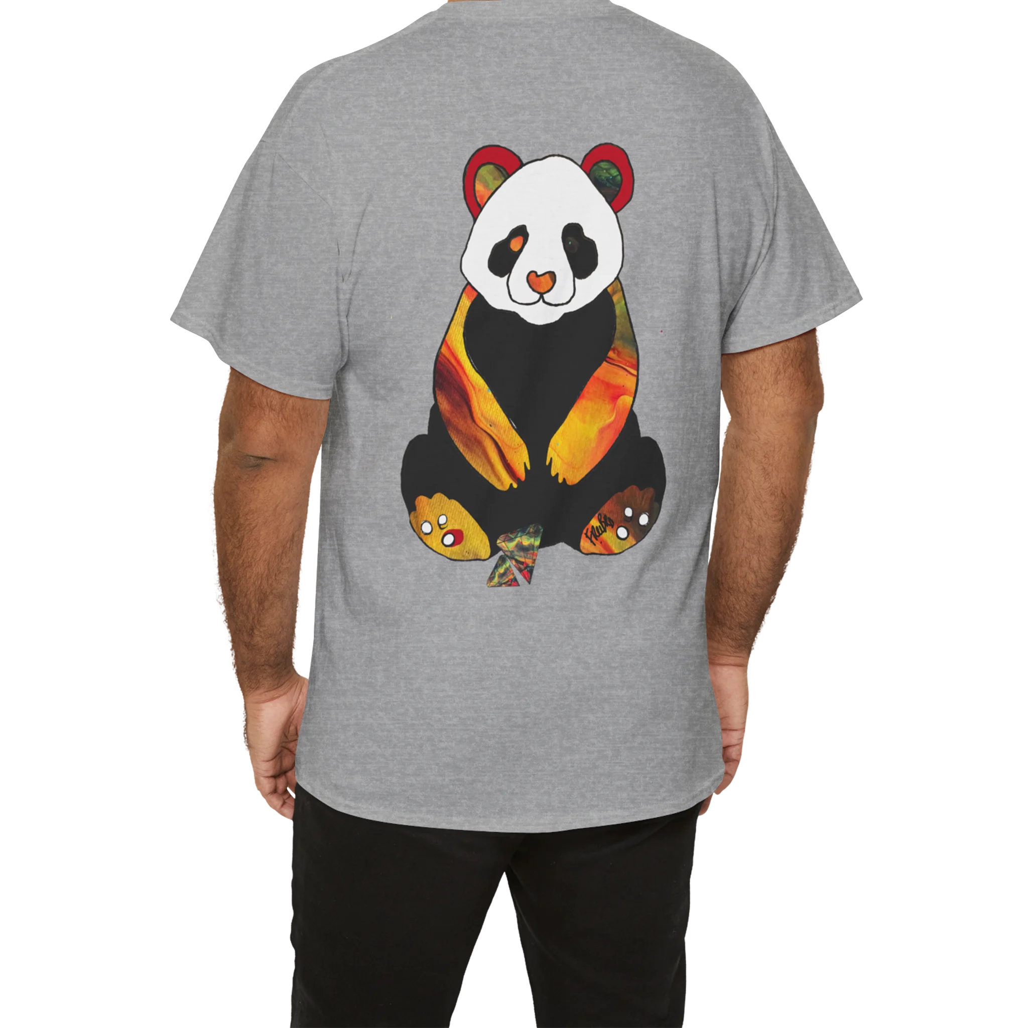 "Lucy Panda" 04 Edition Graphic Tee by FREEBRD — sport grey lifestyle back, vibrant abstract panda artwork by FREEBRD, relaxed fit on model.