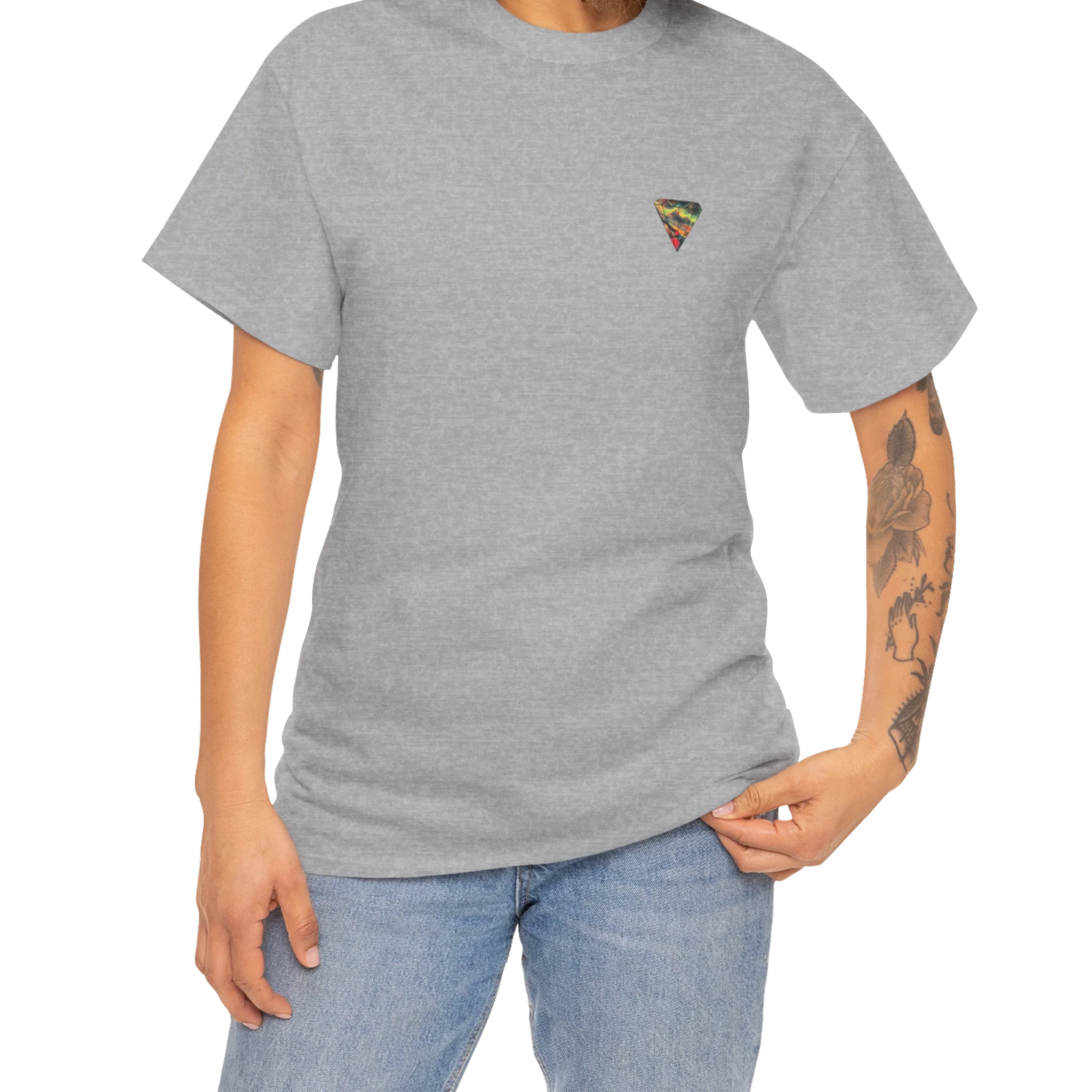 "Lucy Panda" 04 Edition Graphic Tee by FREEBRD — sport grey lifestyle front, FREEBRD triangle chest emblem, relaxed fit on model.
