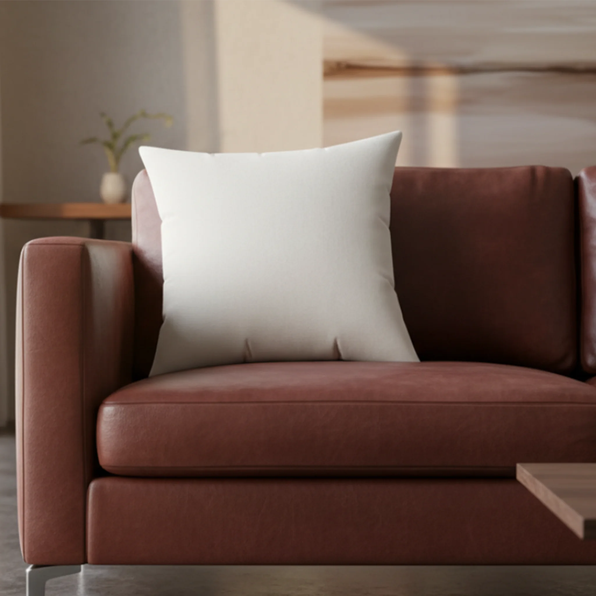 Luxury white faux suede throw pillow styled in a modern minimalist living room.