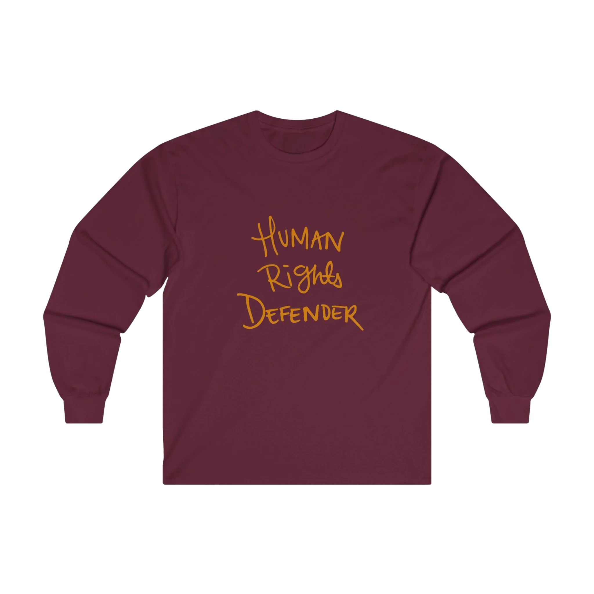 Maroon Human Rights Defender long sleeve tee, front view.