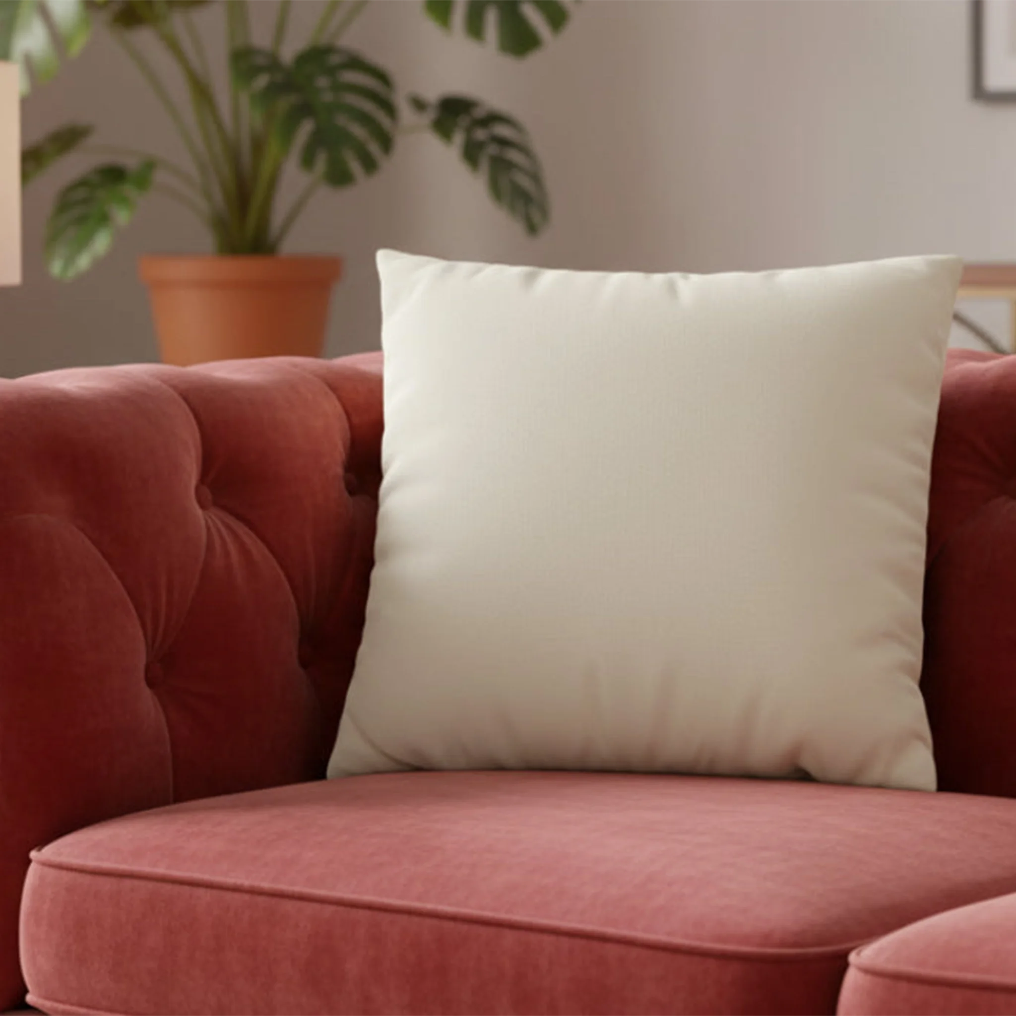 Memphis Off White faux suede pillow case styled on a red couch in a modern living room. 