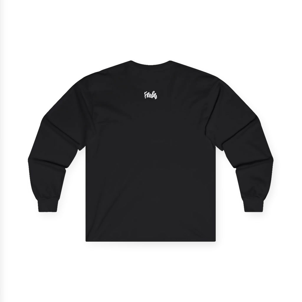 Black long-sleeve tee, back view with a small white FREEBRD script logo centered below the neckline.