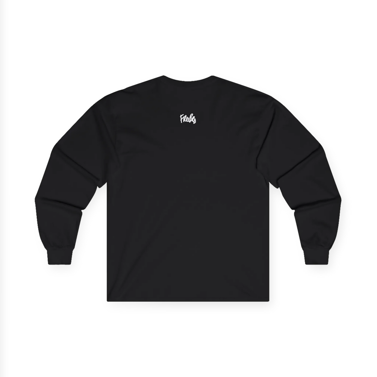 Black long-sleeve tee, back view with a small white FREEBRD script logo centered below the neckline.