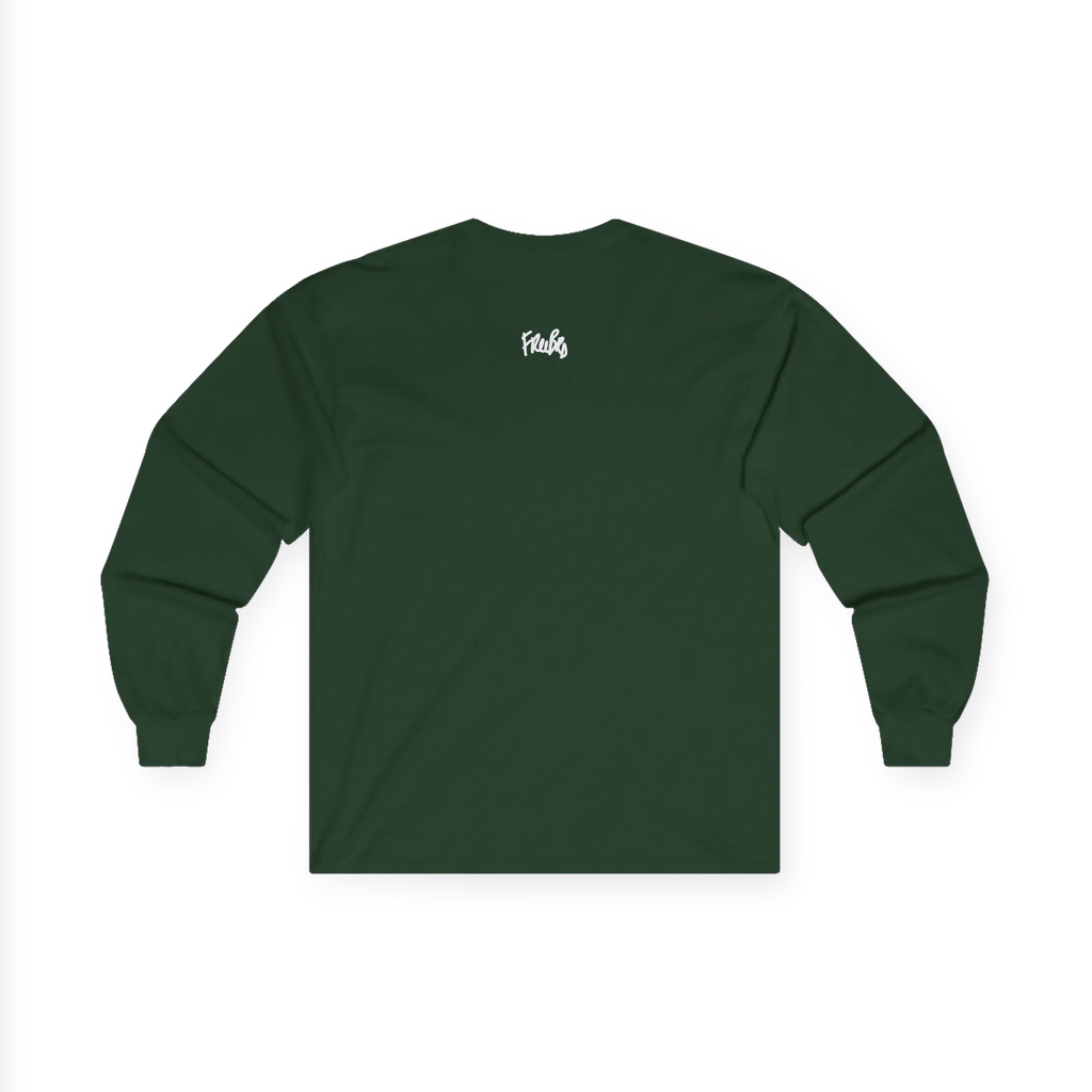Forest green long-sleeve tee, back view with a small white FREEBRD script logo centered below the neckline.