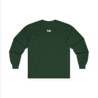 Forest green long-sleeve tee, back view with a small white FREEBRD script logo centered below the neckline.