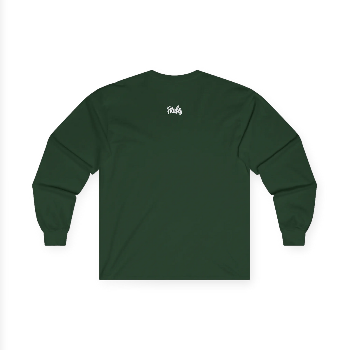 Forest green long-sleeve tee, back view with a small white FREEBRD script logo centered below the neckline.