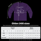 Gildan 2400 long-sleeve tee size chart with a purple Message of Peace tee showing measurement locations and a table of width, length, and sleeve length in inches and centimeters.