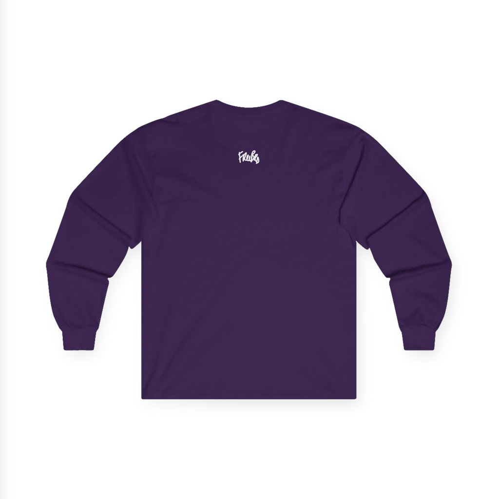 Purple long-sleeve tee, back view with a small white FREEBRD script logo centered below the neckline.
