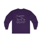Purple long-sleeve tee, front view with white handwritten lettering reading Spread the Message of Peace.
