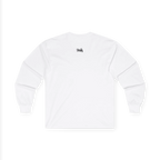 White long-sleeve tee, back view with a small black FREEBRD script logo centered below the neckline.