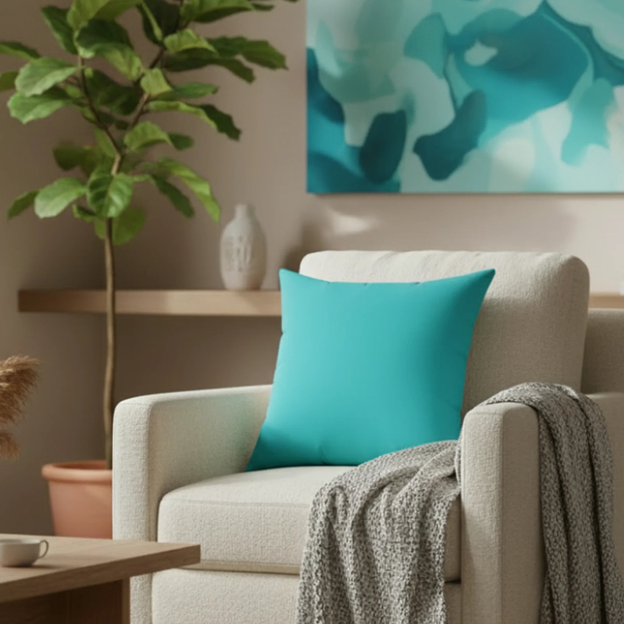 Miami blue faux suede throw pillow styled on a sofa chair in a bright tropical-inspired living room.