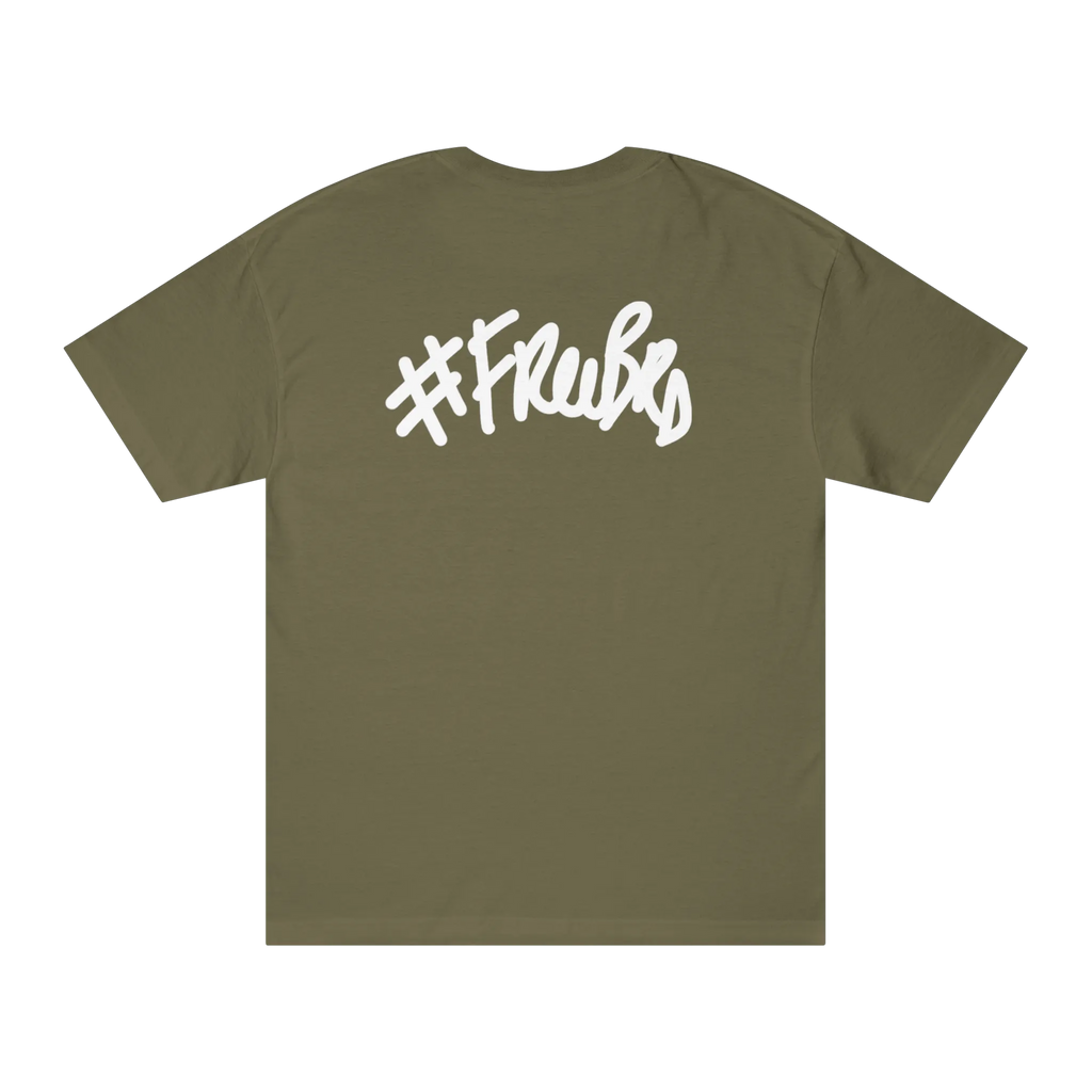 A military green t-shirt with a white hashtag Freebrd graffiti script graphic on the back.