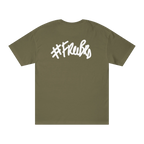 A military green t-shirt with a white hashtag Freebrd graffiti script graphic on the back.