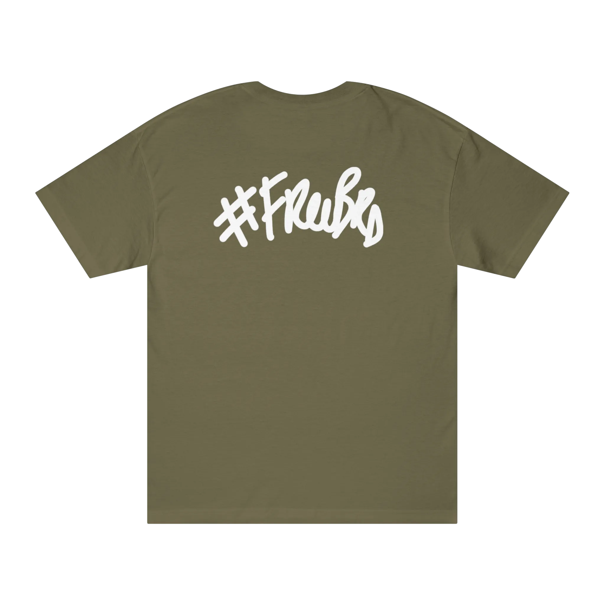 A military green t-shirt with a white #Freebrd graffiti script graphic on the back.