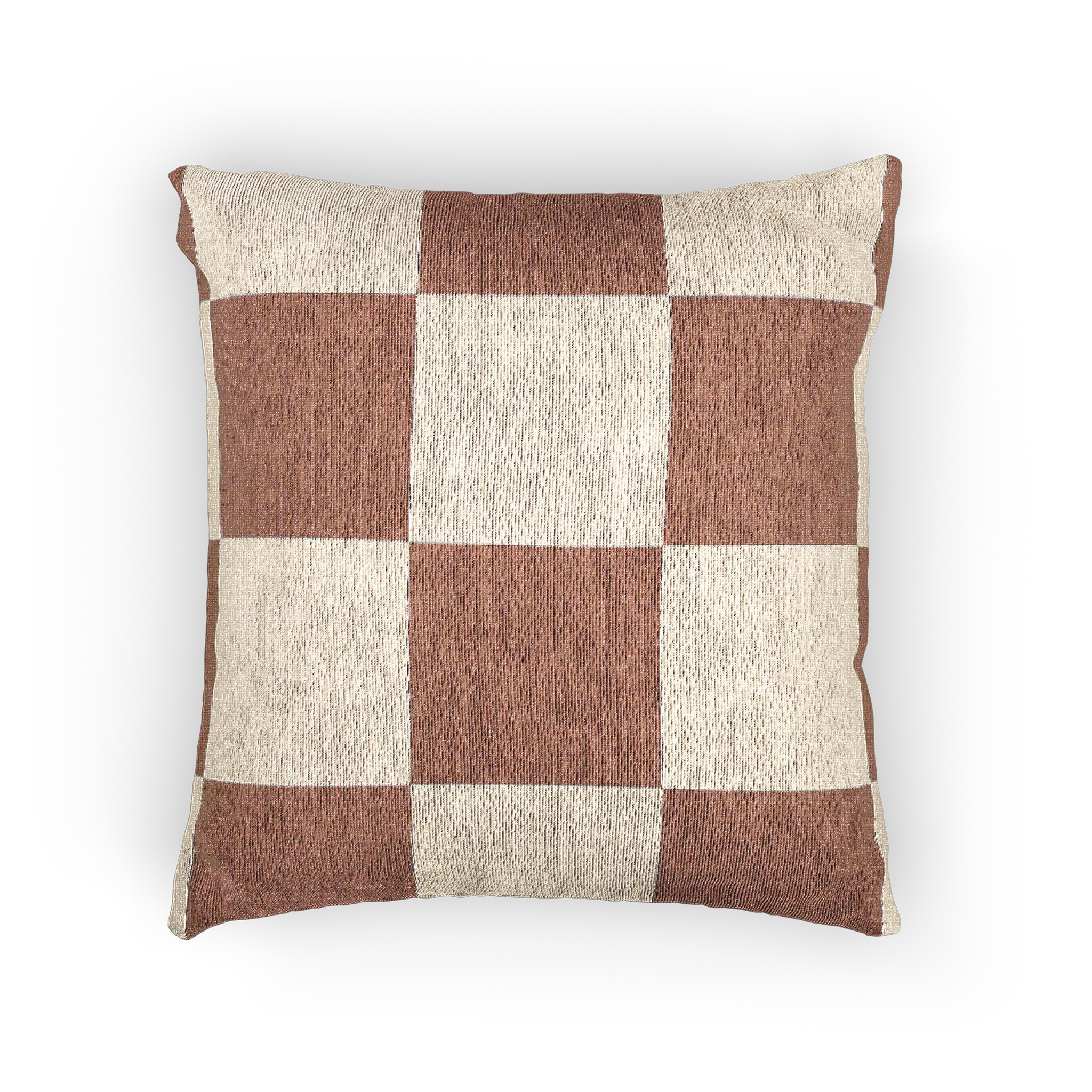 A front preview of the Mimosa Pink Woven Checker Pillow, showing a mimosa pink checker pattern on an oatmeal cream colored background. 