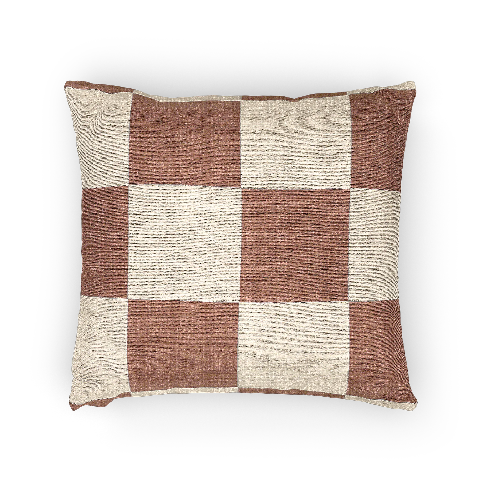 A horizontal preview of the Mimosa Pink Woven Checker Pillow, showing a mimosa pink checker pattern on an oatmeal cream colored background. 