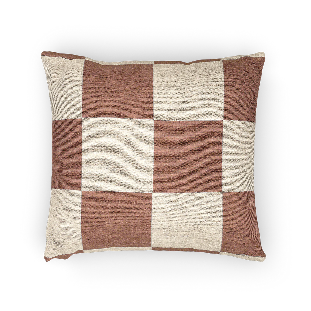 A horizontal view of the Mimosa Pink Woven Checker Pillow, showing a mimosa pink checker pattern on an oatmeal cream colored background. 