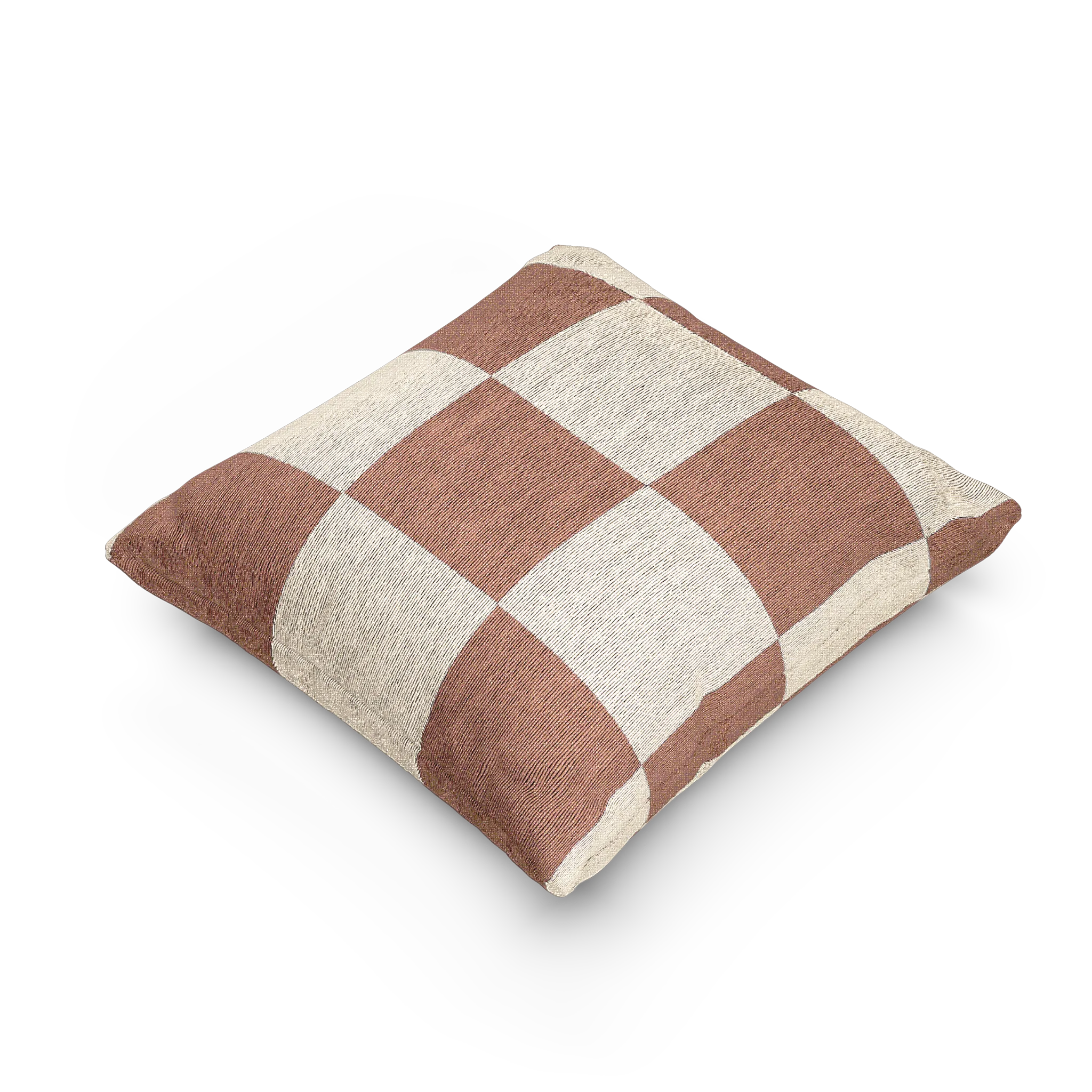 A side preview of the Mimosa Pink Woven Checker Pillow, showing a mimosa pink checker pattern on an oatmeal cream colored background. 