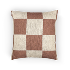 A back view of the Mimosa Pink Woven Checker Pillow, showing a mimosa pink checker pattern on an oatmeal cream colored background. 