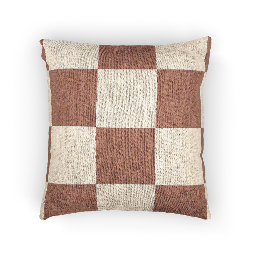 A front view of the Mimosa Pink Woven Checker Pillow, showing a mimosa pink checker pattern on an oatmeal cream colored background. 