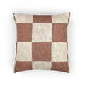 A front view of the Mimosa Pink Woven Checker Pillow, showing a mimosa pink checker pattern on an oatmeal cream colored background. 