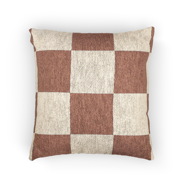 A front view of the Mimosa Pink Woven Checker Pillow, showing a mimosa pink checker pattern on an oatmeal cream colored background. 