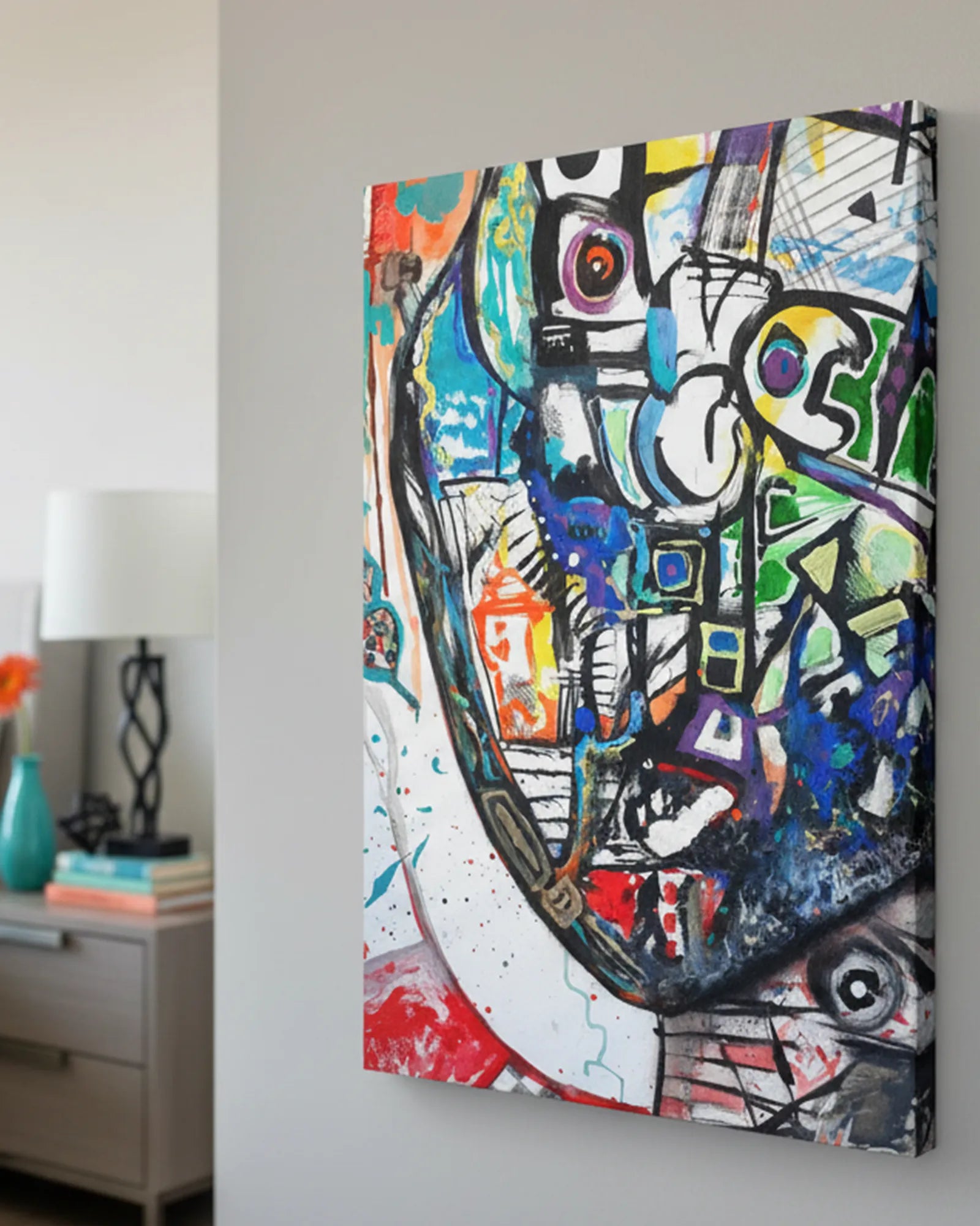 A side view of the “Frankly” Freebrd abstract canvas artwork on a wall in a minimalist bed room.