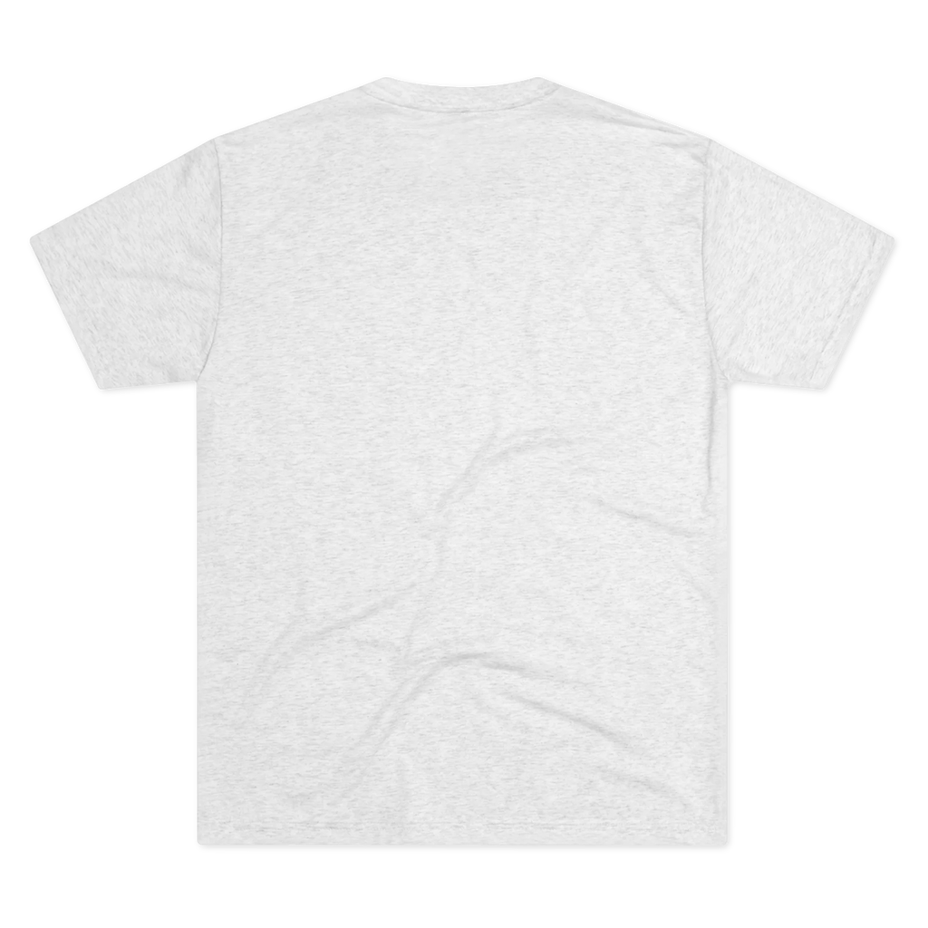 Minimalist Human Crew Tee, tri-blend heather white, handwritten loop graphic, back flat lay.