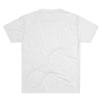 Minimalist Human Crew Tee, tri-blend heather white, handwritten loop graphic, back flat lay.