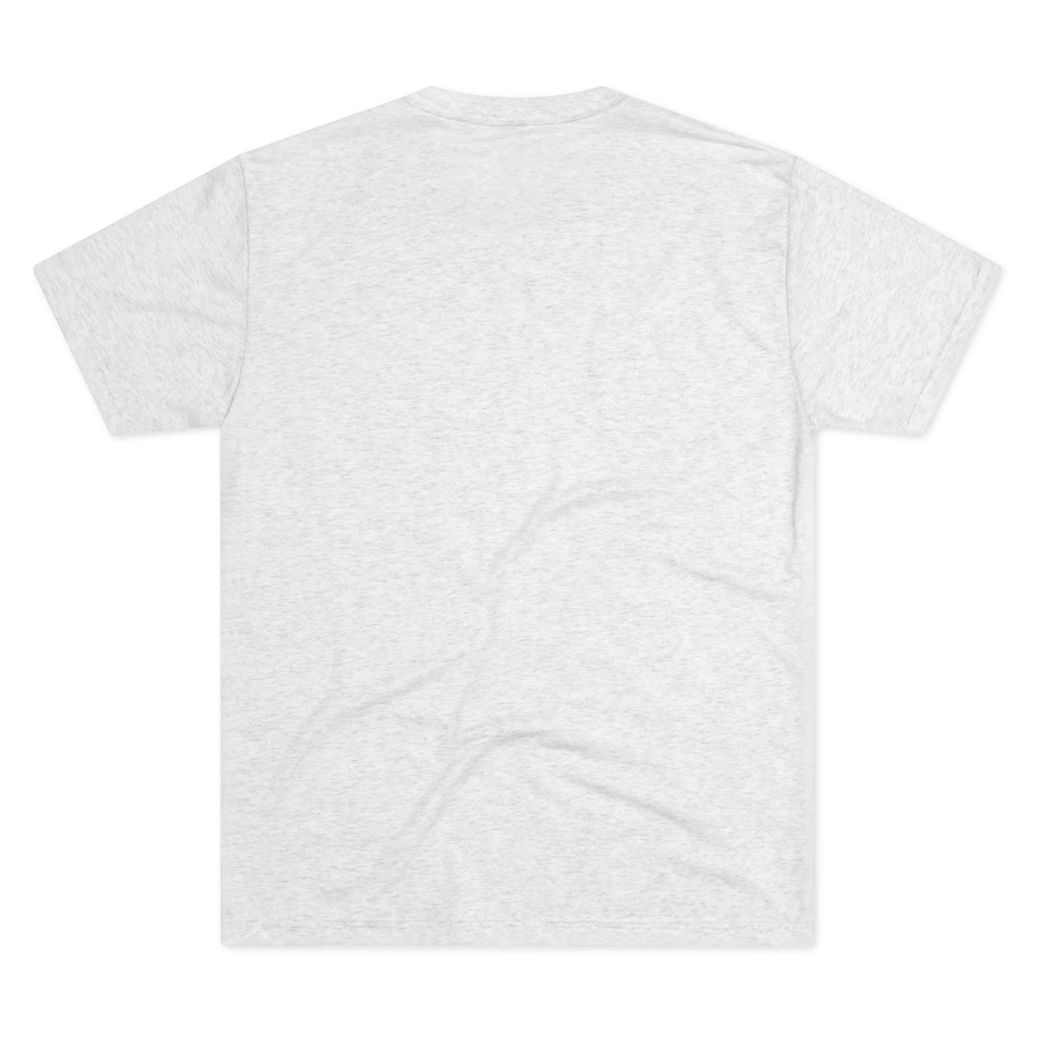 Minimalist Human Crew Tee, tri-blend heather white, handwritten loop graphic, back flat lay.
