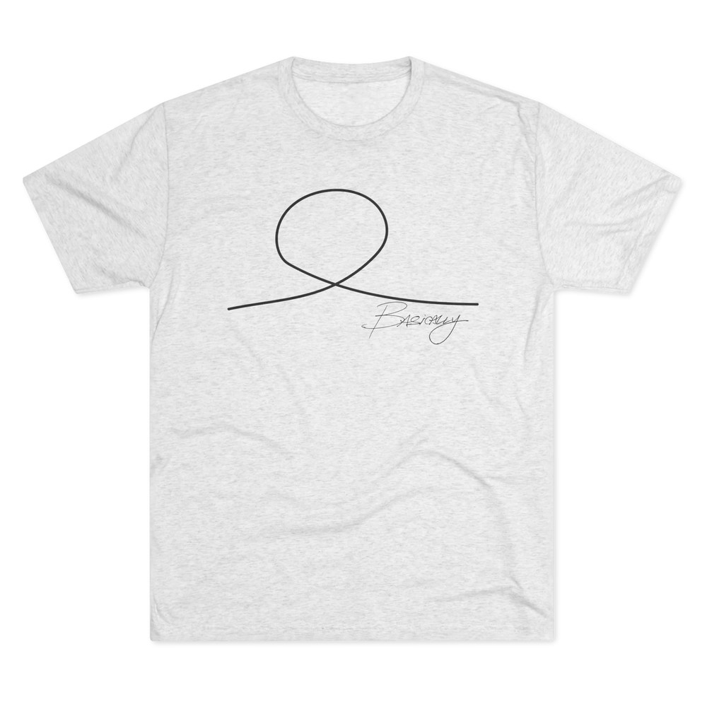 Minimalist Human Crew Tee, tri-blend heather white, handwritten loop graphic, front flat lay.