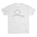 Minimalist Human Crew Tee, tri-blend heather white, handwritten loop graphic, front flat lay.