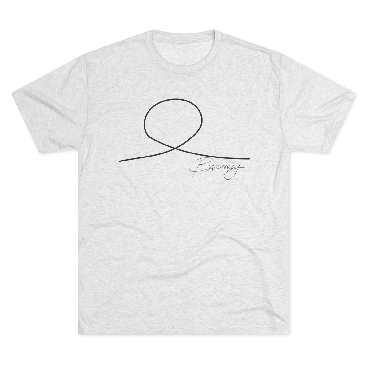 Minimalist Human Crew Tee, tri-blend heather white, handwritten loop graphic, front flat lay.