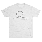 Minimalist Human Crew Tee, tri-blend heather white, handwritten loop graphic, front flat lay.