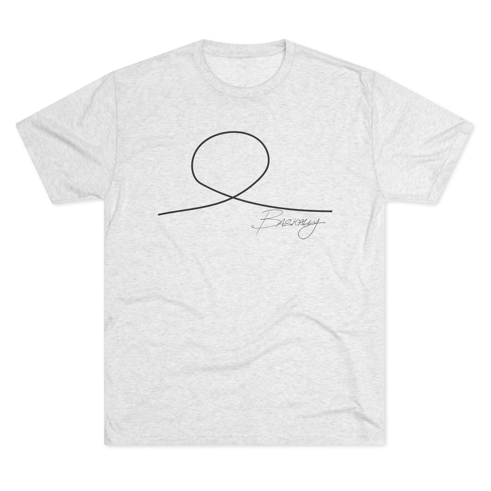 Minimalist Human Crew Tee, tri-blend heather white, handwritten loop graphic, front flat lay.