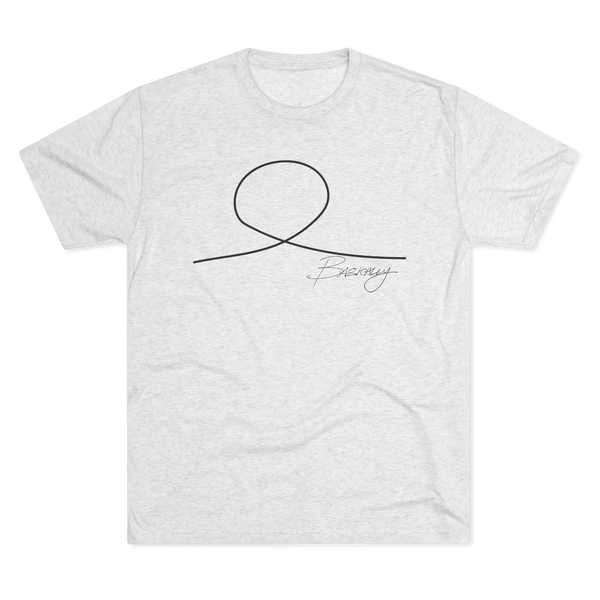 Minimalist Human Crew Tee, tri-blend heather white, handwritten loop graphic, front flat lay.
