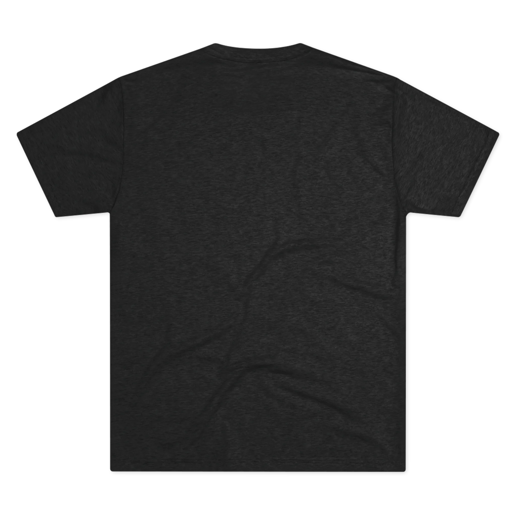 Minimalist Human Crew Tee, tri-blend vintage black, single-line loop graphic, back flat lay.