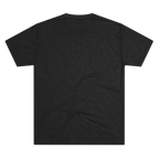 Minimalist Human Crew Tee, tri-blend vintage black, single-line loop graphic, back flat lay.