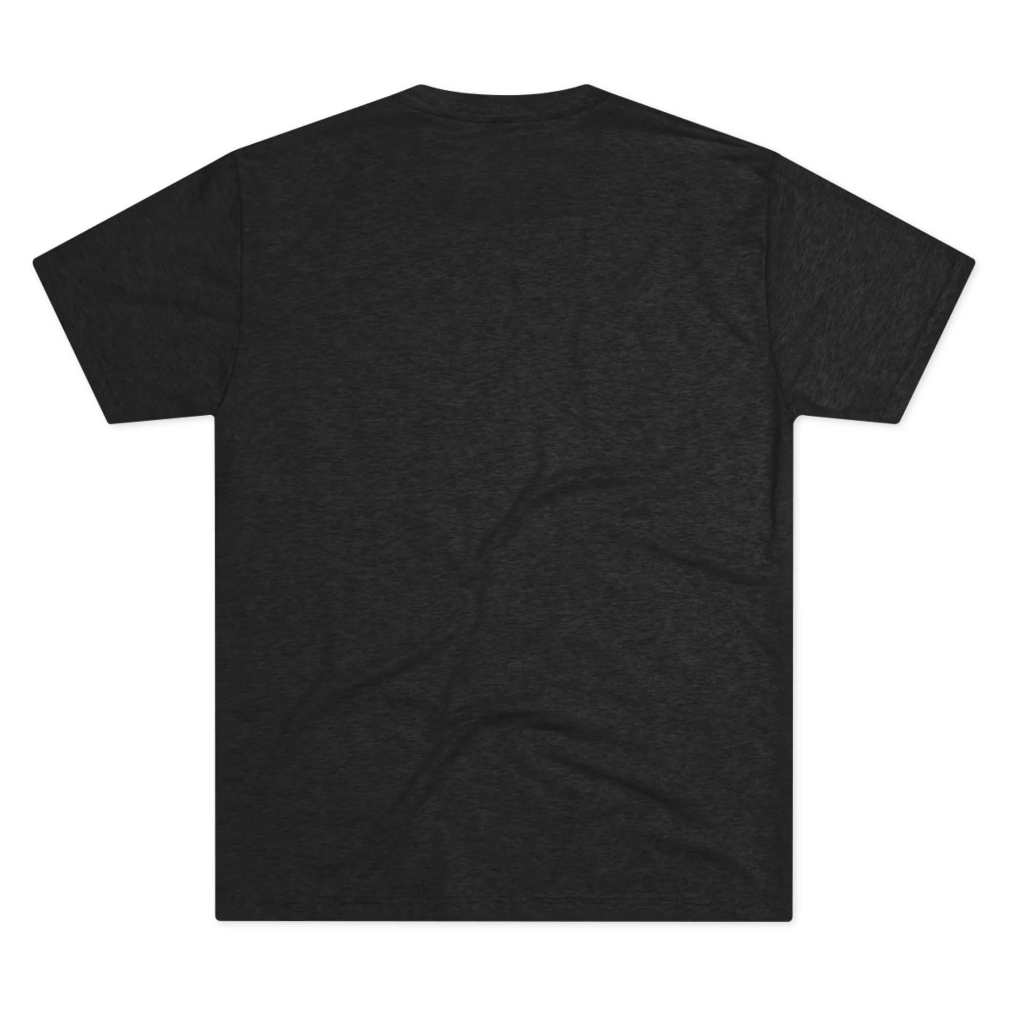 Minimalist Human Crew Tee, tri-blend vintage black, single-line loop graphic, back flat lay.