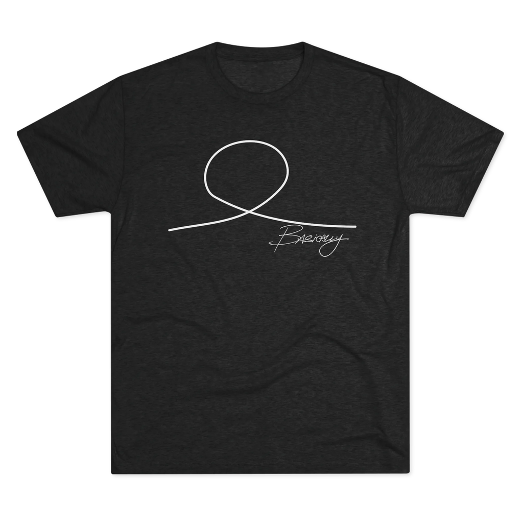 Minimalist Human Crew Tee, tri-blend vintage black, single-line loop graphic, front flat lay.