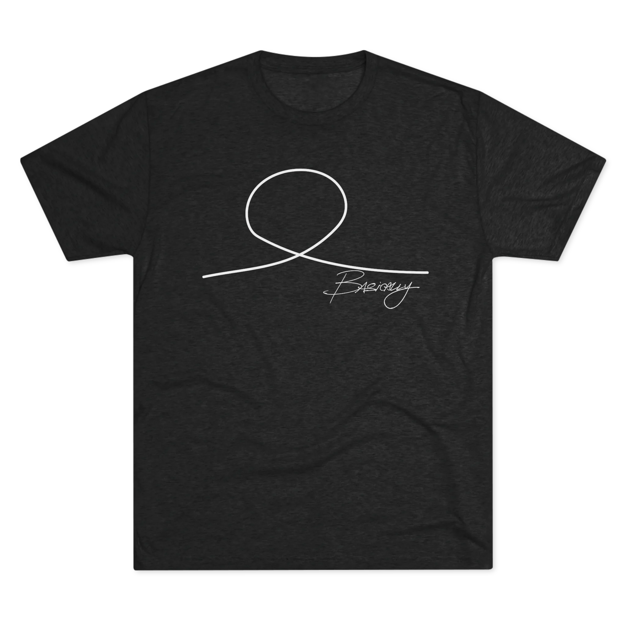 Minimalist Human Crew Tee, tri-blend vintage black, single-line loop graphic, front flat lay.