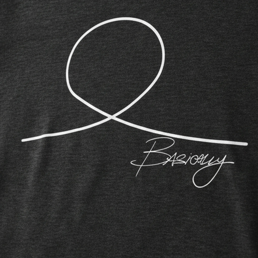 FREEBRD Minimalist Human Crew Tee, vintage black, close-up angle of hand-drawn minimalist human graphic and Basically script, tri-blend vintage black fabric detail.