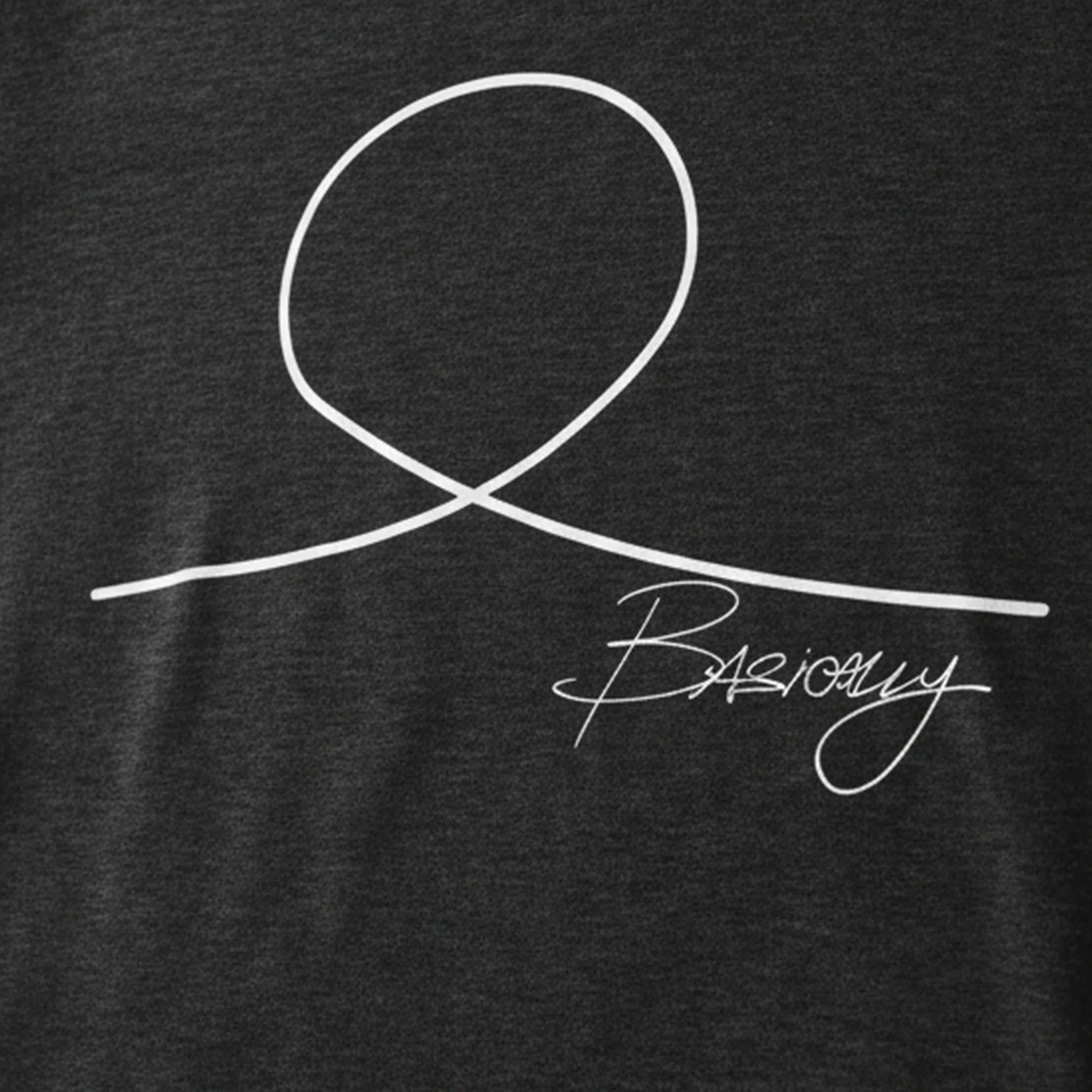 FREEBRD Minimalist Human Crew Tee, vintage black, close-up angle of hand-drawn minimalist human graphic and Basically script, tri-blend vintage black fabric detail.